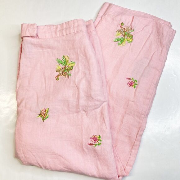 Rosanna Linen Wide Leg Crop Pant 14 (32"Waist) Pink Embroidered Monkeys Tropical - Picture 1 of 12